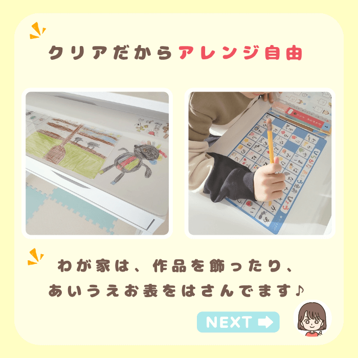 透明なデスクマットを敷いた学習机の活用写真
