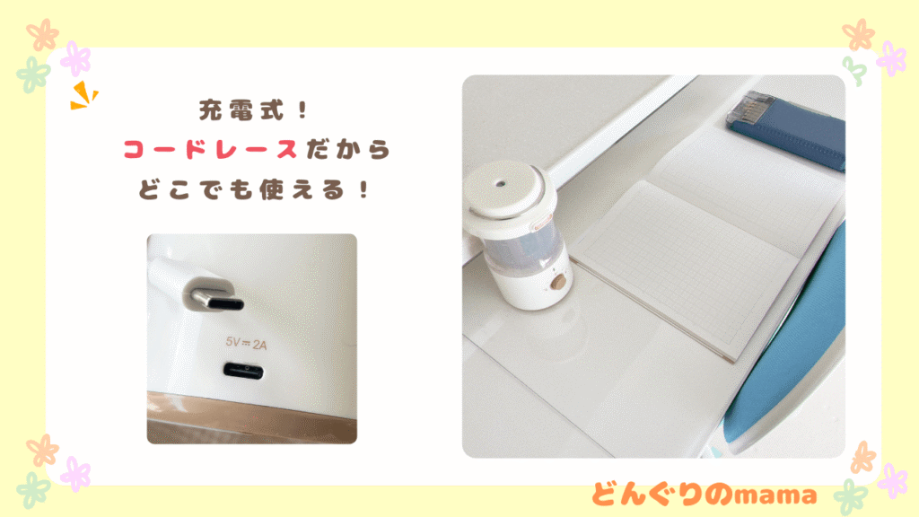 ノートと筆箱、ソニック リビガク 充電式トガリターンが机に並んだ写真。充電コードを拡大し「充電式！コードレスだからどこでも使える」と紹介。