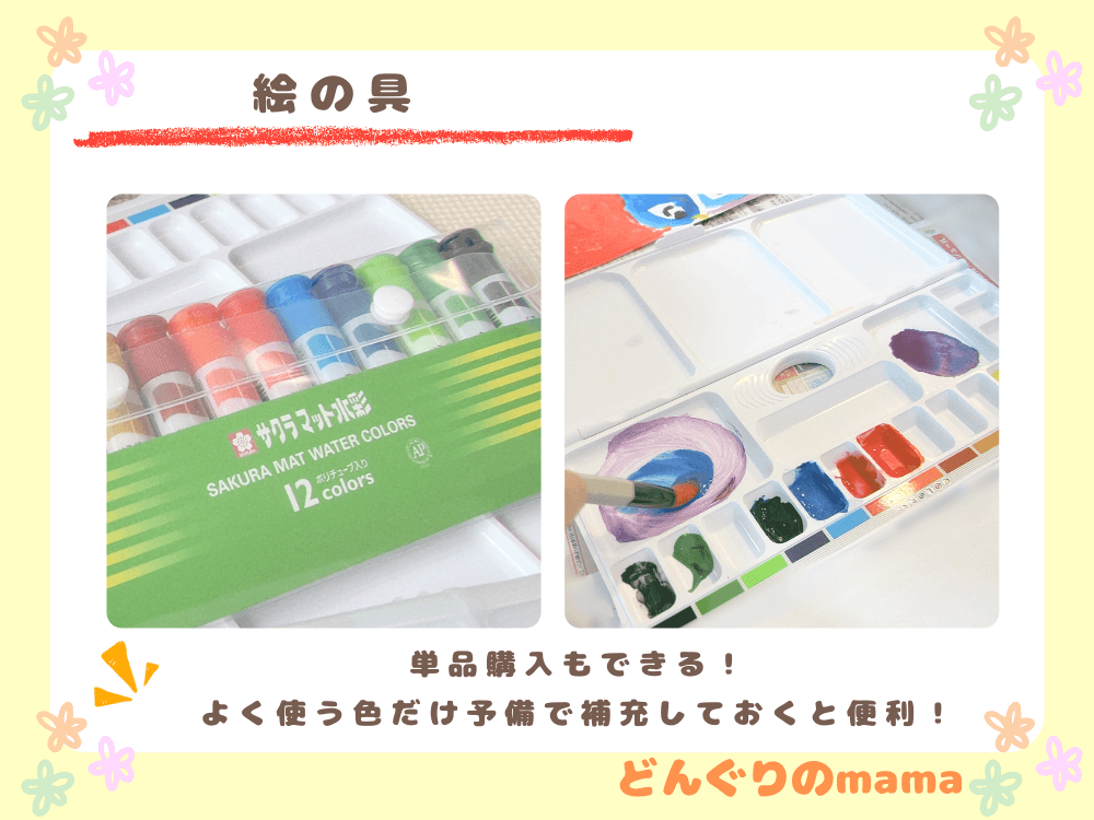 絵の具セットとパレットに絵の具を出した様子。よく使う色を単品で補充すると便利。