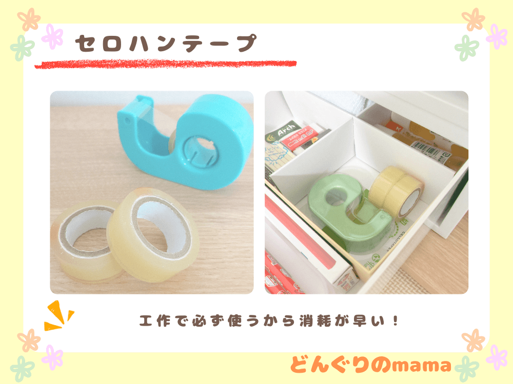 セロハンテープと予備のテープ、引き出しにストックされた様子。工作でよく使うため消耗が早い。