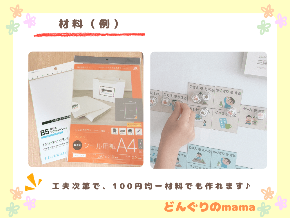 100円均一で購入したマグネットシートとシール用紙が並ぶ写真と、子どもが実際にお支度ボードに磁石を貼っている手元の写真。工夫次第で100円均一材料でも作れる例。