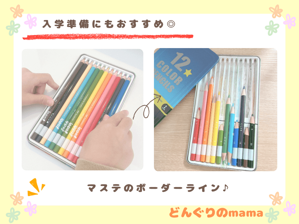 小学生がスライド缶の色鉛筆を開けている様子と、マスキングテープで交換目安のボーダーラインを付けて管理している使用済み色鉛筆が並んだ写真