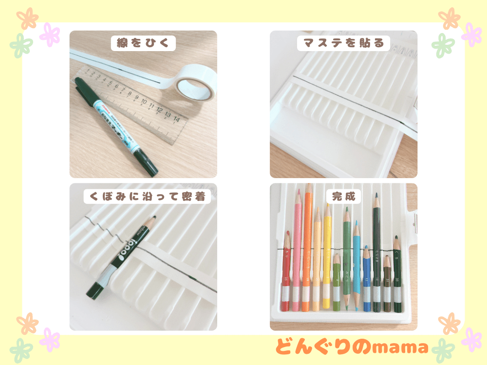 マスキングテープに線を引き、色鉛筆ケースに貼り、鉛筆でくぼみに沿って密着させ、仕上げに色鉛筆を収納するまでの3ステップを並べた説明画像