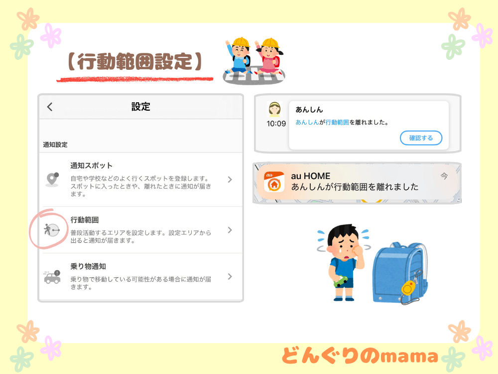 あんしんウォッチャーの行動範囲設定画面と、範囲外に出たときの通知表示