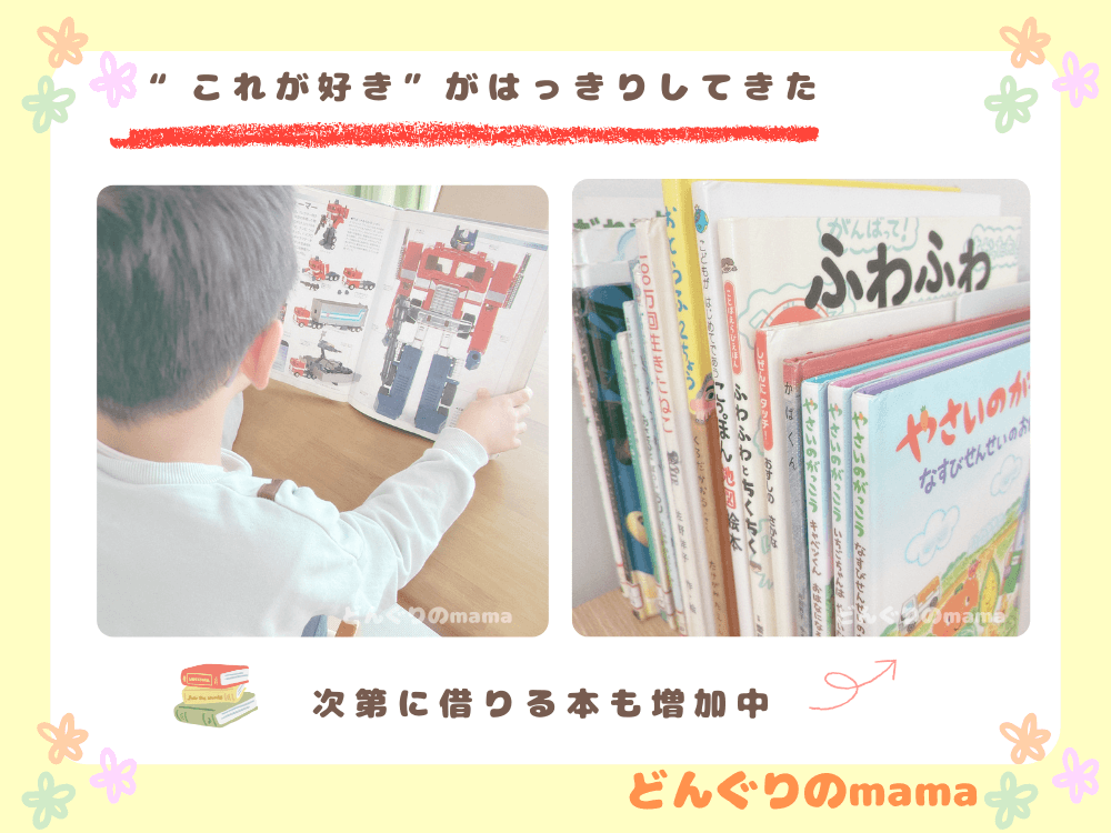 小学生がロボット図鑑を読んでいる後ろ姿と、図書館で借りた本が本棚に並んでいる様子を写した写真。