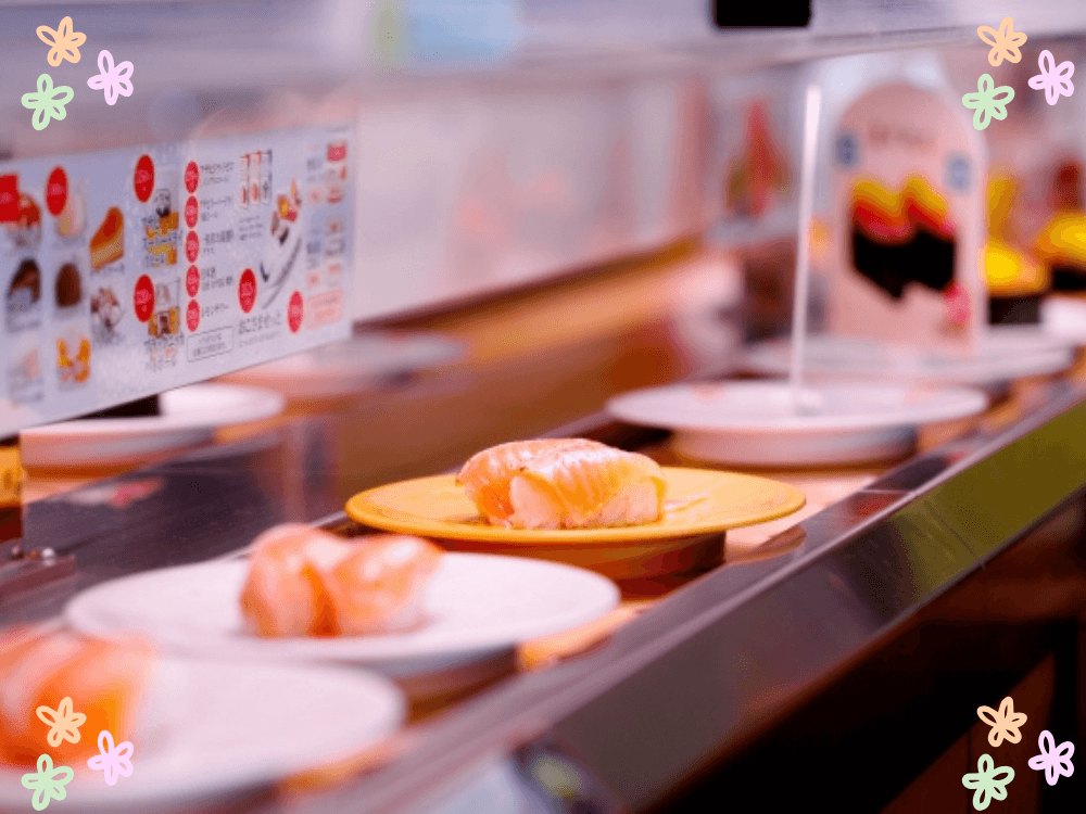回転寿司のレーンを流れるお寿司。子どもに人気の寿司食べ放題