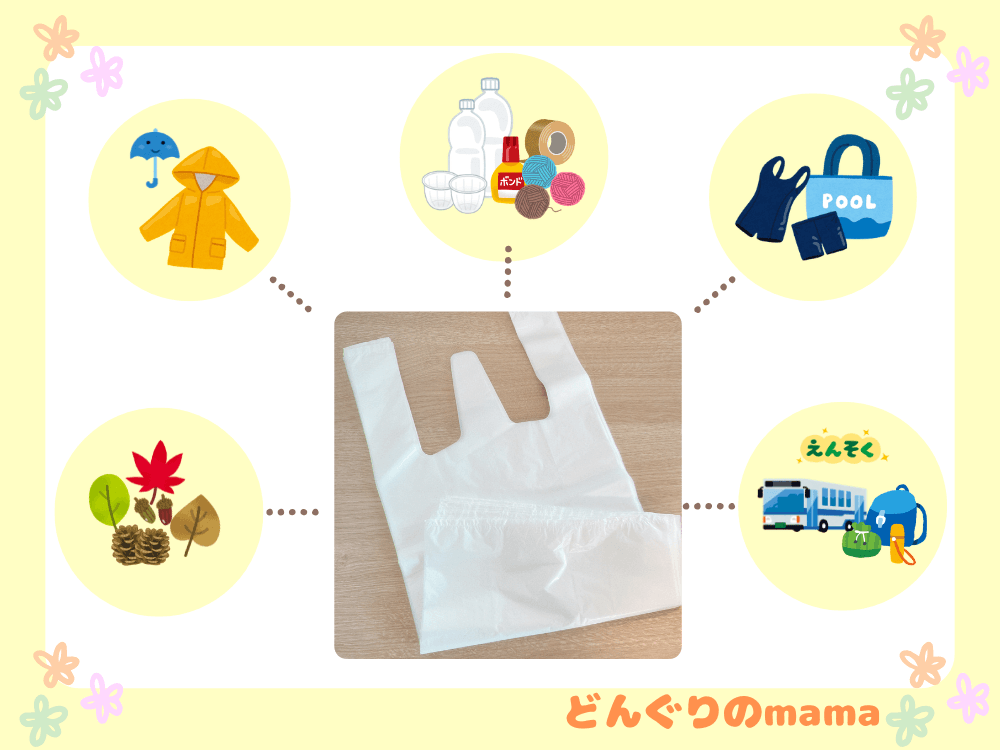小学校1年生の手提げビニール袋の写真。点線でつながった吹き出しに「どんぐり拾い」「雨具入れ」「工作材料入れ」「水着など濡れた物入れ」「遠足のゴミ袋に」と使用用途が示されている