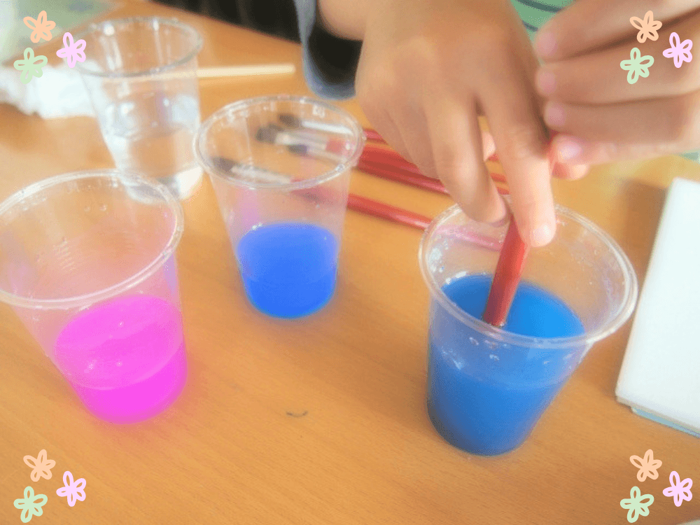 自由研究でクリアコップに色水を混ぜて観察している小学生の手元